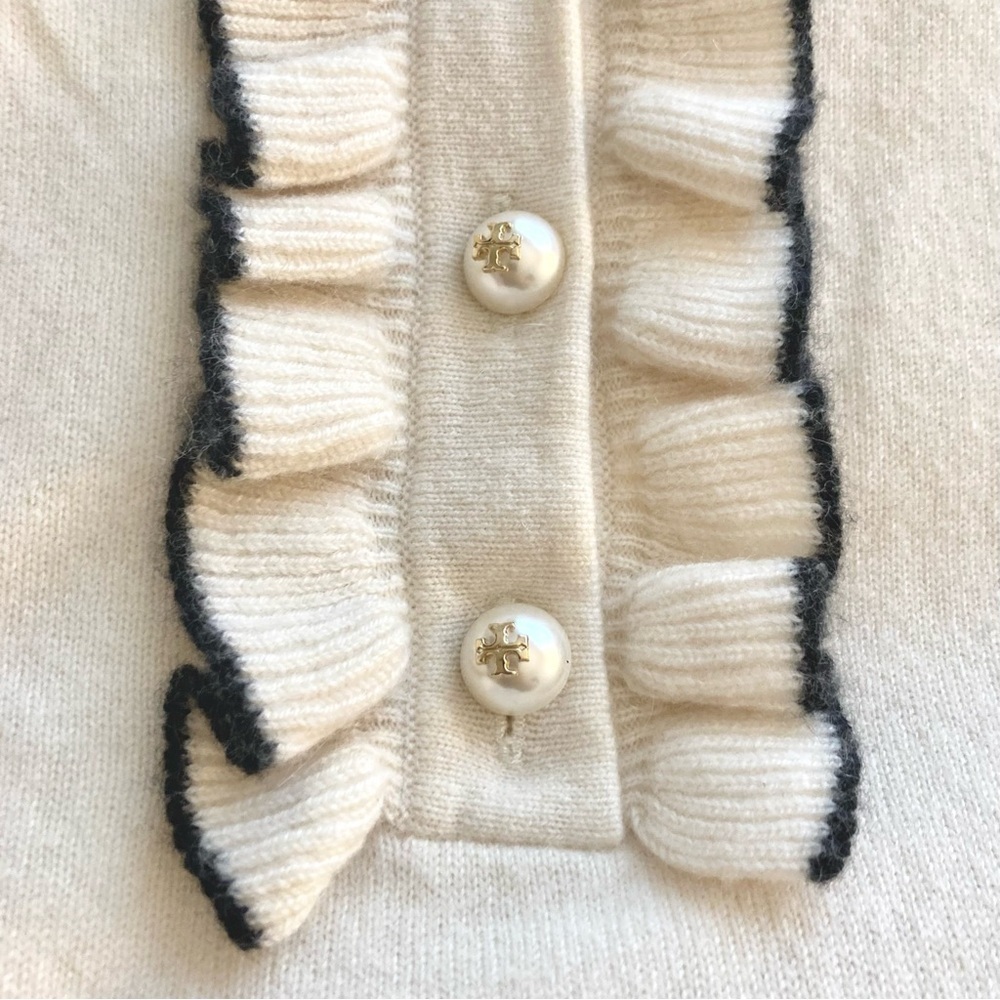 TORY BURCH Emily Cashmere Pullover Sweater Ruffle Pearl Buttons - Picture 9 of 10